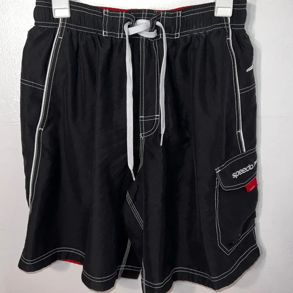 Speedo, M, black, red, white cargo board shorts, tie, mesh lined‎ swim trunks